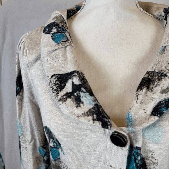 Nic + Zoe Peplum Button Front Cardigan Aqua Leaf Print on Cream Size Large - Picture 6 of 11